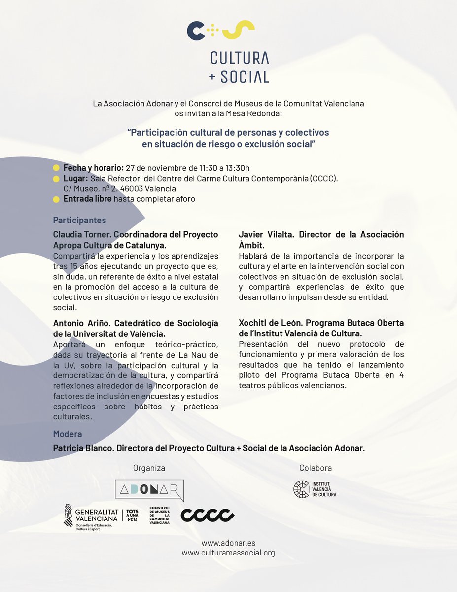 ADONARtesocial's tweet photo. ¡Recordad que este sábado tenemos otra cita! 👉 Nos vemos a las 11:30 horas en el @centredelcarme para hablar y aprender sobre #culturainclusiva 📍 Entrada libre y gratuita hasta completar aforo 🎟 #CulturaMásSocial https://t.co/16rJl1alfg