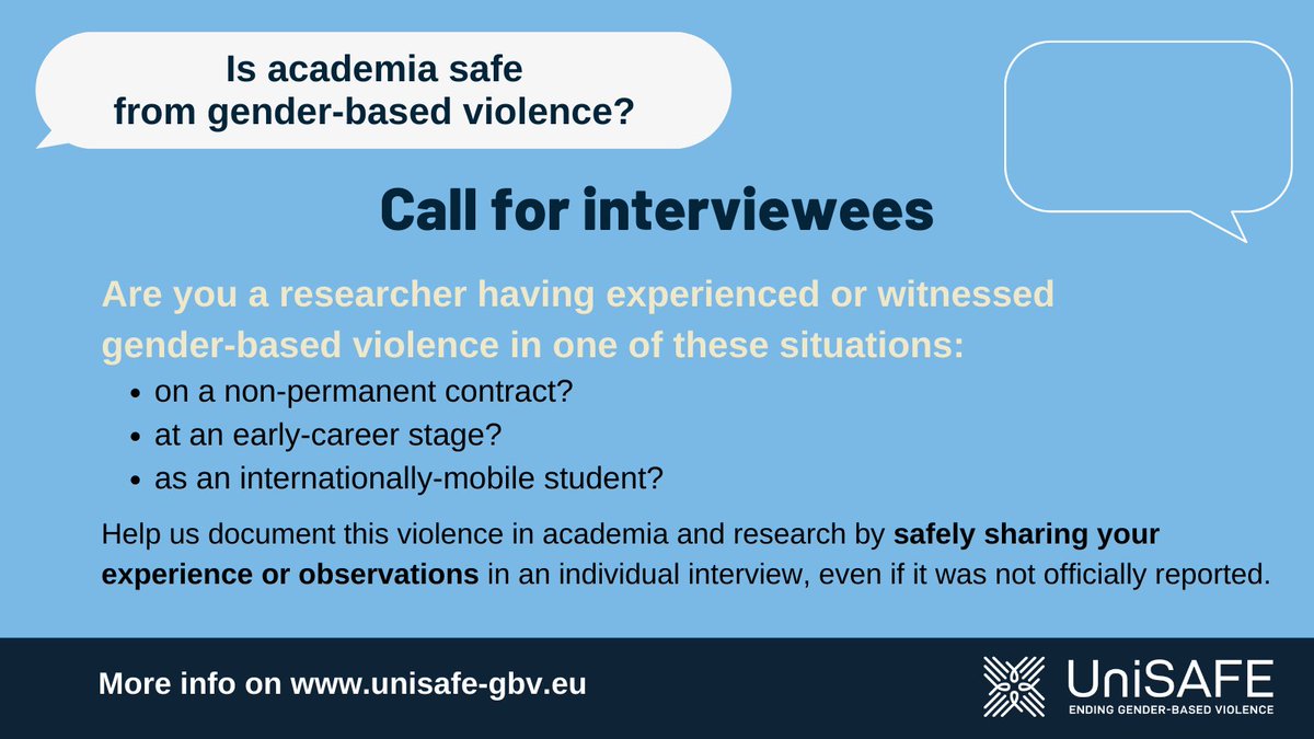Have you experienced or witnessed #genderbasedviolence in academia❓

Starting January 2022, we will conduct a series of individual, online interviews with researchers all over Europe. Interested in taking part? 👉unisafe-gbv.eu/share-your-exp…

#SafeResearch4All