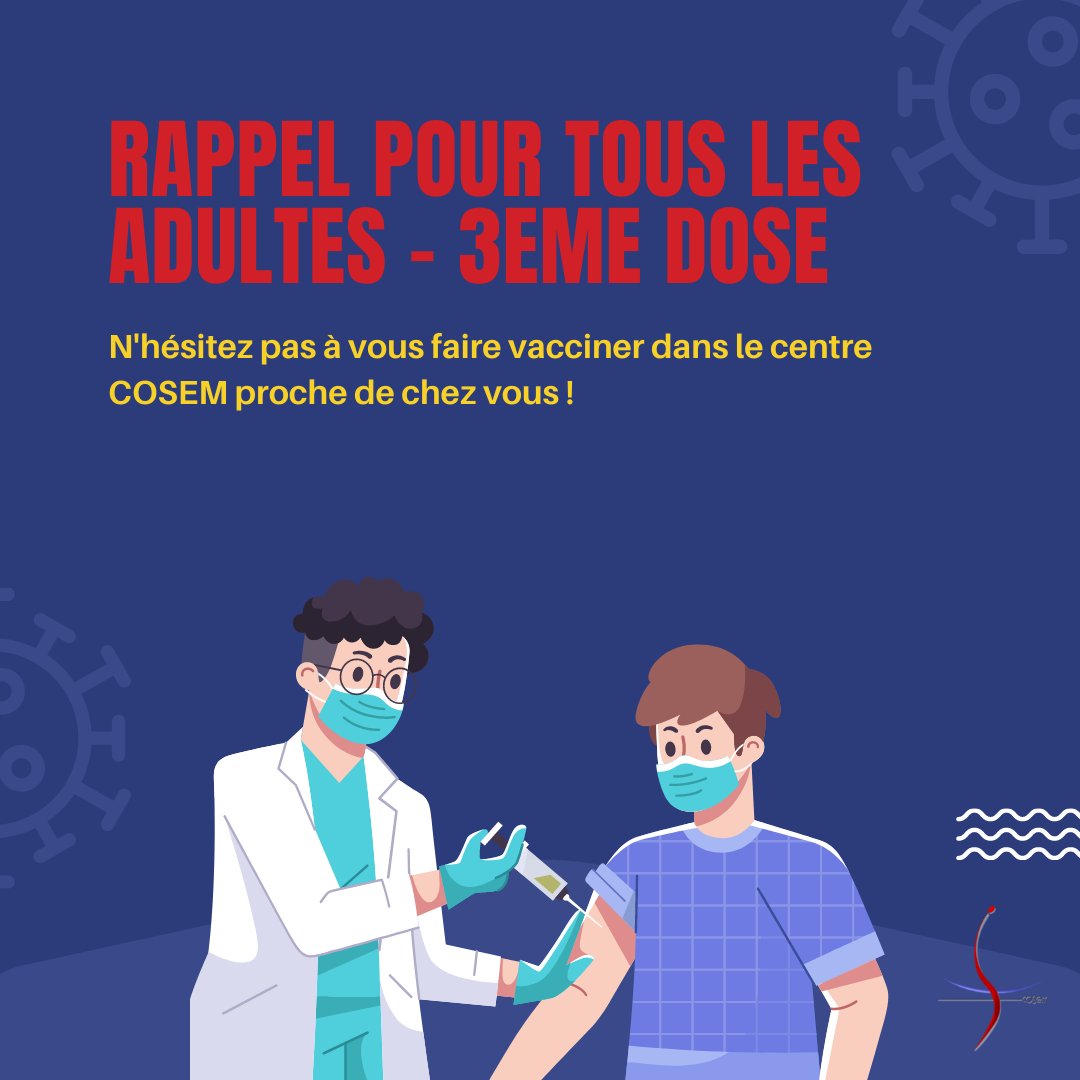 Pour renforcer votre protection contre le #Covid19, une 3ème dose de #vaccin est recommandée à partir de 18 ans. 💉A partir du 15 janvier, elle sera nécessaire pour avoir un pass sanitaire valide. N’hésitez pas à vous faire vacciner dans un centre Cosem : cosem.fr