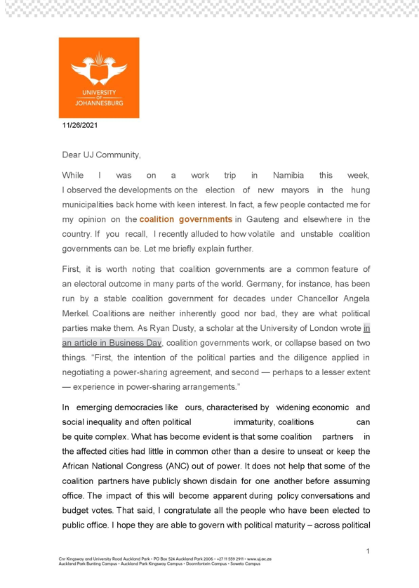 go2uj's tweet photo. Vice-Chancellor Message - 26 November 2021
#UJVC, Prof Tshilidzi Marwala's weekly address to staff and students. https://t.co/o61klvCqFI