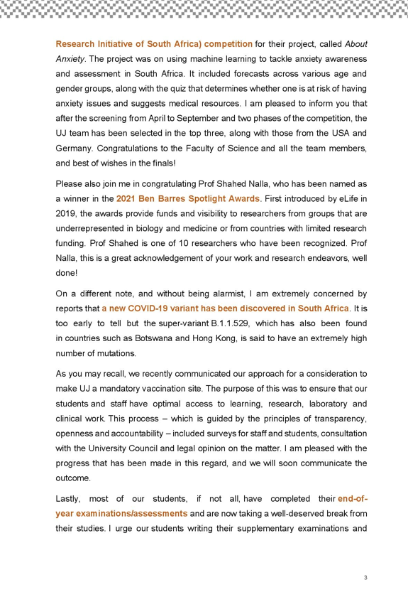 go2uj's tweet photo. Vice-Chancellor Message - 26 November 2021
#UJVC, Prof Tshilidzi Marwala's weekly address to staff and students. https://t.co/o61klvCqFI
