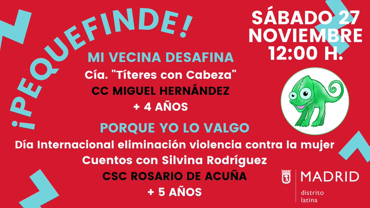 JMDLatina's tweet photo. 🥳Este sábado 27 de noviembre vas a flipar con las sorpresas que nos ha preparado Goya para el #PequeFinde de #DistritoLatina 🥳
Dos espectáculos infantiles de títeres y cuentos para que los mas peques de la casa lo pasen en grande. ¡Te esperamos! https://t.co/Ylvn1649aE