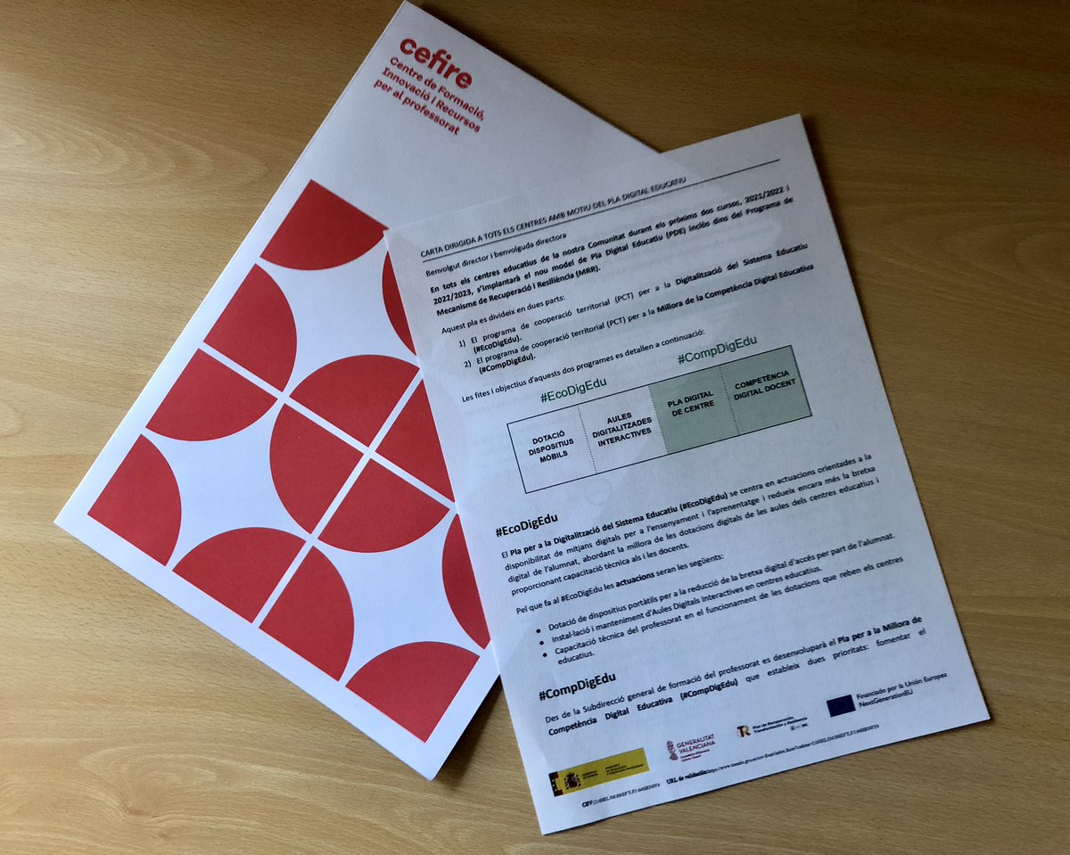 🔄 Pla Digital Educatiu 

✅ Hui volem donar les GRÀCIES als centres educatius que han estat a les presentacions del projecte i comencen la seua transformació digital 

+Competència Digital
+Digitalització
+Recursos Oberts
+Metodologies 

#CompDigEdu #EcoDigEdu #NextGenerationEU