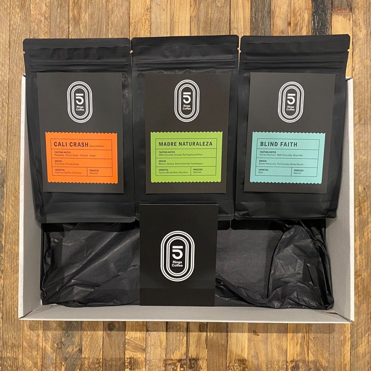 The Christmas gift hampers are back! Every hamper is signed by 5RC Founders Philip Hindes, Callum Skinner and Owain Doull contains one bag of each of our three single origins. Our hamper packaging is ready to gift and is made from 100% recycled paper.