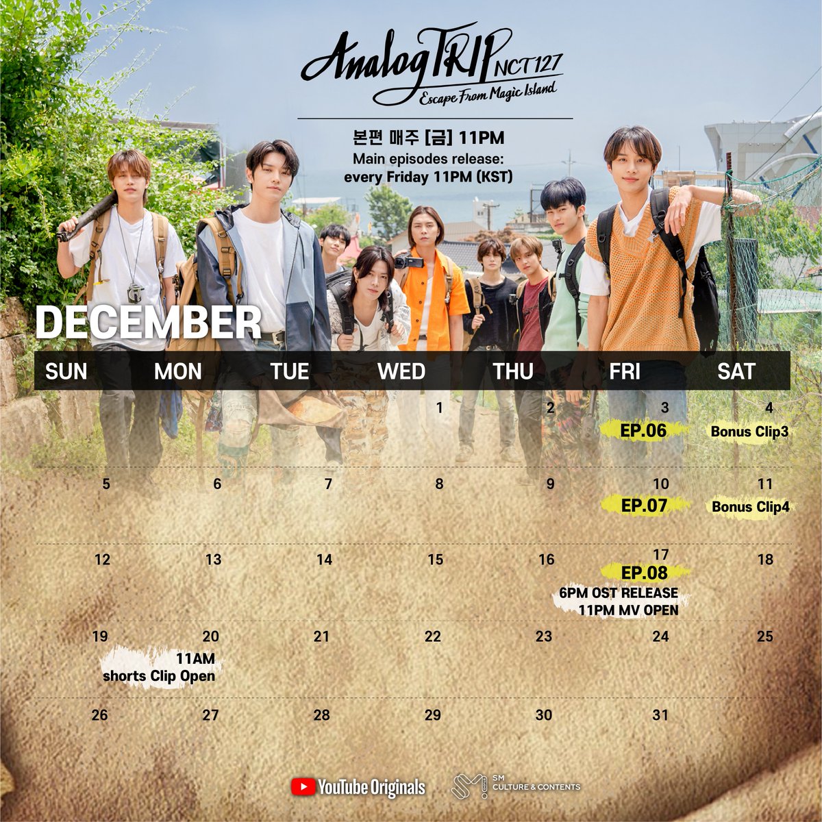 sm_all_voice's tweet photo. ‘#아날로그_트립_NCT_127’ 12월 캘린더 업데이트!

새롭게 추가된 보너스 클립과 관련 소식들! 
‘아날로그 트립 NCT 127’ 빠짐없이 즐기기 위해선 캘린더 체크 필수!
매주 금요일 밤 11시, 유튜브 NCT 127 공식 계정에서 새로운 에피소드 공개! https://t.co/1Vn4hLnCD4