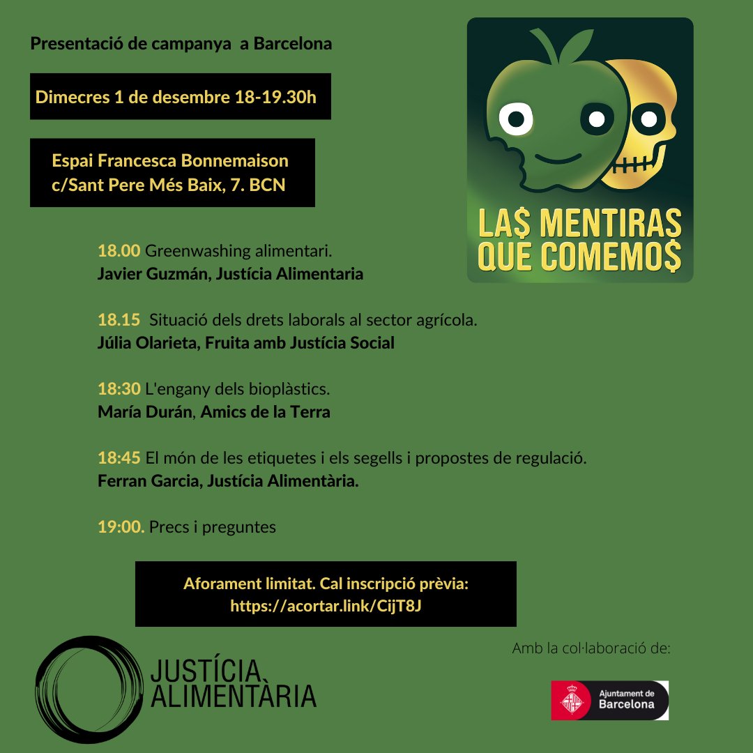 JusticiaAliment's tweet photo. 🤢Presentem la campanya #LasMentirasqueComemos a Barcelona!
📅1 de desembre a les 18h
📍Espai Francesca Bonnemaison
✍️Cal inscripció prèvia: https://t.co/mrF9zrVHuy https://t.co/QNbpr9uE0l
