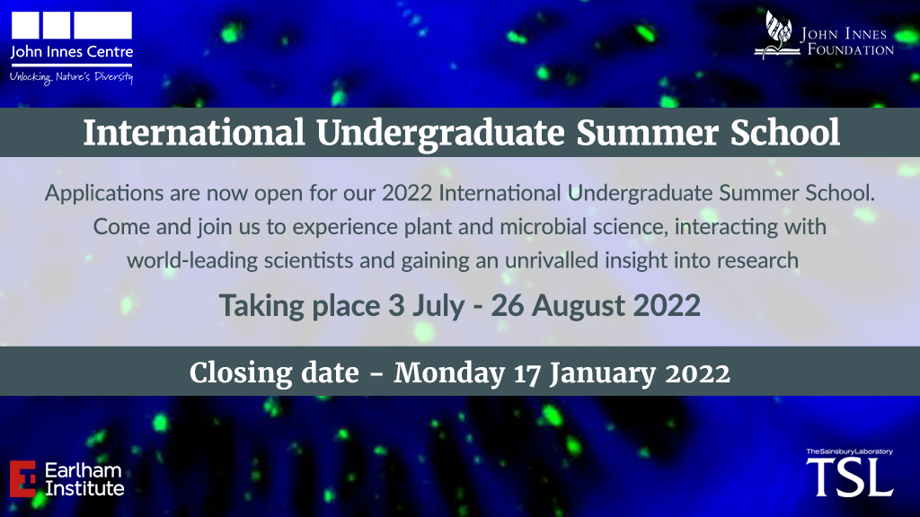 Applications are open for the 2022 International Undergraduate Summer School. 
Experience plant &amp; microbial science and interact with some of our world-leading scientists, gaining an unrivalled insight into research.
Apply here by Mon 17 Jan ➡️ okt.to/3jyIk0