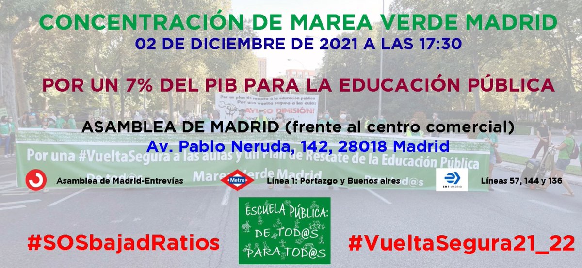 🟩 Exigimos ➕ presupuesto para los Servicios Públicos, de gestión y titularidad públicas:

✅ Educación 

✅ Sanidad

✅ Vivienda 

✅ Dependencia

✅ …

👋 Jueves 2D 👋

⏰ 17:30h.

🙋🏻‍♀️🙋🏽🙋‍♂️👨‍👩‍👦‍👦👩‍👧👩‍👩‍👧👨‍👧🙋‍♂️🙋🏽🙋🏻‍♀️

🟢Tod@s a la Asamblea de Madrid🟢