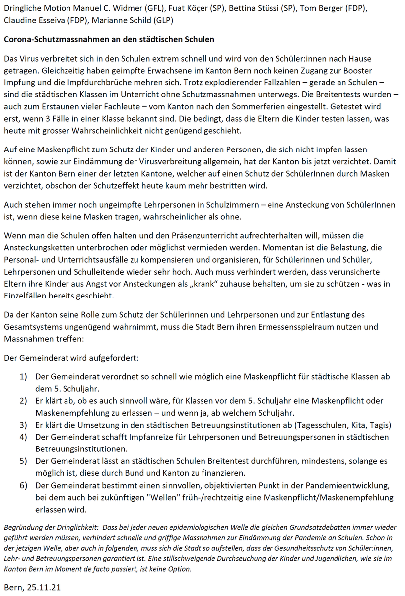 mcw_bern's tweet photo. 38 Stadträt:innen aus 4 Fraktionen fordern gemeinsam griffigere Corona-Massnahmen an Schulen in @Bern_Stadt. #zämegeits
#Maskenpflicht #Breitentests #impfanreize
@GFLBern @SP_Stadt_Bern @TomCBerger @cesseiva @marili_lu @glp_bern @fdp_stadtbern https://t.co/InYs4cNXo0