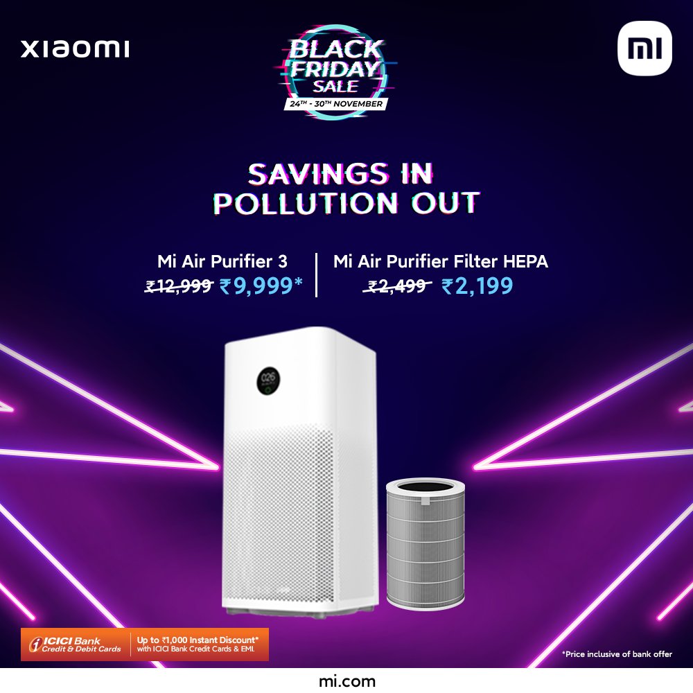 XiaomiIndia's tweet photo. Bring home the Mi Air Purifier and the Mi Air Purifier Filter HEPA at fabulous discounts in the #BlackFriday sale, and rest assured, you'll breathe free! 

https://t.co/9bdR7lJEzS https://t.co/vlbrsQwJn5