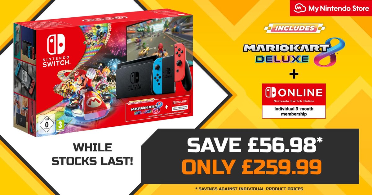 NintendoUK's tweet photo. This festive #BlackFriday bundle contains a #NintendoSwitch (Neon Blue/Neon Red), Mario Kart 8 Deluxe download code and Nintendo Switch Online (Individual - 3 Months), all for just £259.99 - a saving of £56.98 when purchased separately!

Available now! https://t.co/Gu53D91IRI https://t.co/9GwHdwcffB