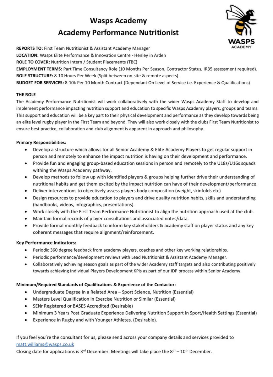 Title: Academy Performance Nutritionist (part-time)

Place: @Wasps_Academy <a href="/WaspsRugby/">Wasps Rugby</a> 🏴󠁧󠁢󠁥󠁮󠁧󠁿 

💰Salary: £8,000-£10,000

📆 Deadline: 3/12/21

ℹ️ For more info👇