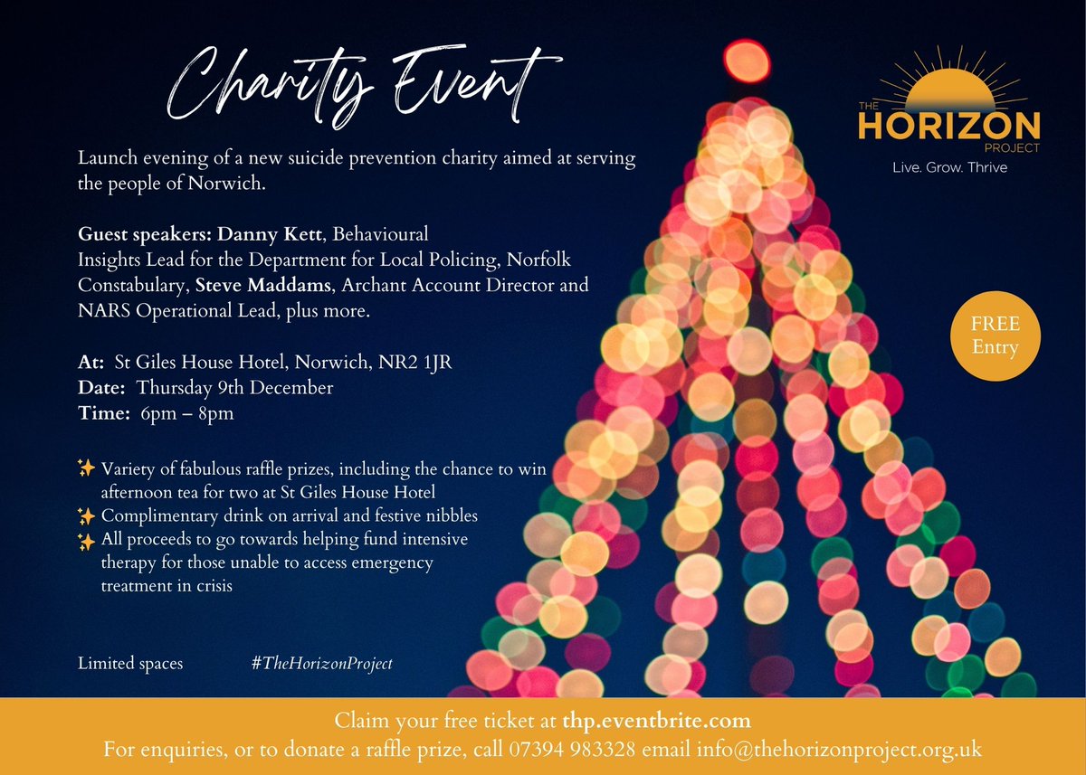 We will be launching a new suicide prevention charity next month. To claim your free ticket for this special charity evening, please visit thp.eventbrite.com. Limited spaces.