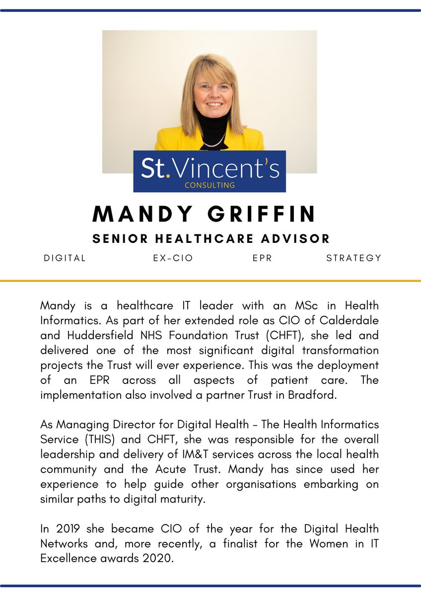 SaintVincentsC's tweet photo. Require EPR assurance or consulting services? Senior Healthcare Advisors such as @nhs_mandy (ex-NHS CIO) can guide your organisation through complex change. Mandy’s experience includes leading an EPR implementation within a complex multi-Trust configuration.
#EPRImplementation https://t.co/DeAaCvx4GK
