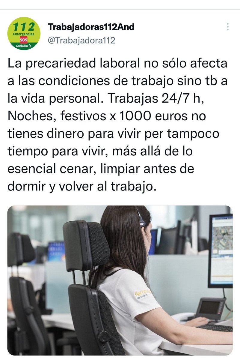 ¿Cómo trabajar en #Emergencias112Andalucía combinando profesionalidad máxima/estado emocional óptimo con precariedad laboral/desánimo sin que te afecte a diario?🤯 difícil equilibrio a veces casi imposible😓
#Nosomostelemarketing #SomosServicioEsencial <a href="/eliasbendodo/">Elías Bendodo</a> <a href="/antoniosanz/">Antonio Sanz Cabello</a>