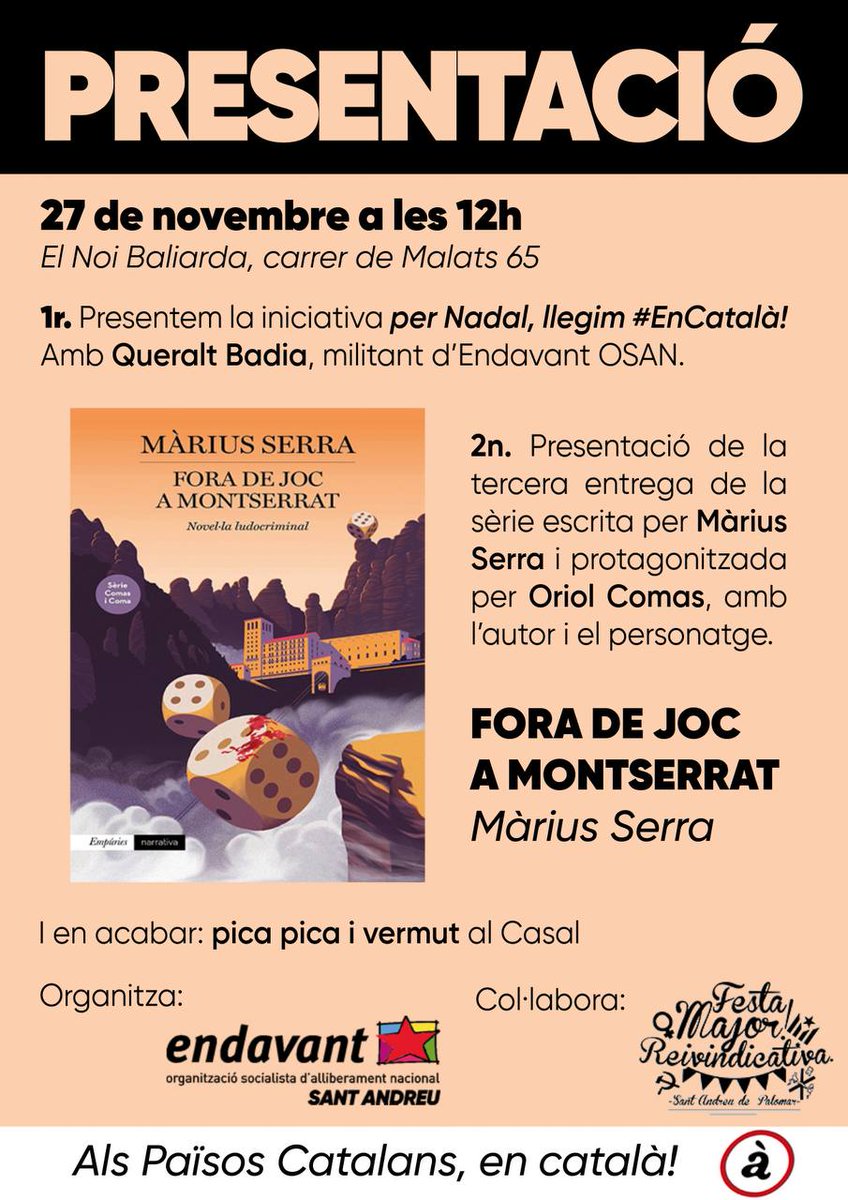 ☀️ Bon dia Sant Andreu | 📢 Demà comença la <a href="/FMRSantAndreu/">Festa Major Reivindicativa Sant Andreu de Palomar</a> amb la presentació del nou llibre de <a href="/mariusserra/">Màrius Serra</a>, amb ell i <a href="/oriolcomas/">Oriol Comas</a>, al nou local. També, presentarem una iniciativa en defensa de la llengua, amb <a href="/QueraltBM/">Queralt #FreePalestine 🇵🇸✊🏽</a>.

Hi haurà barra amb begudes i pinxos!
Us hi esperem!🥳😊