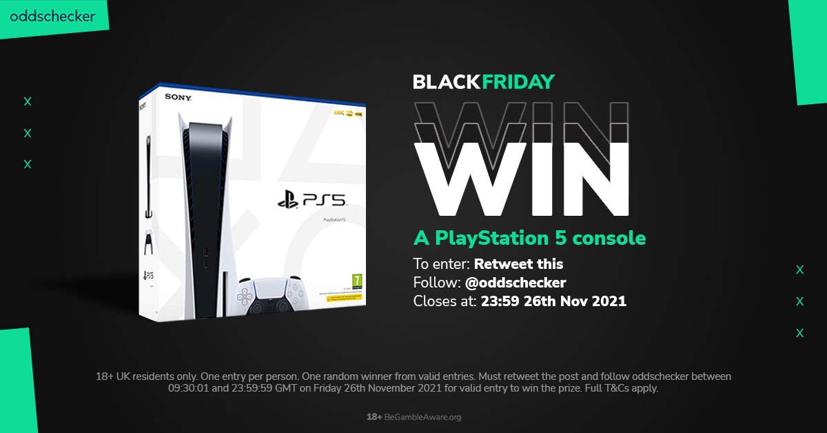 oddschecker's tweet image. ⚫ #BlackFriday Giveaway
🎮 Win a PS5!
To enter:
1️⃣ FOLLOW @oddschecker
2️⃣ RETWEET this post
🚨 Find the best Black Friday bookie offers and free bets here: bit.ly/OCRBlackFriday
Closes 11:59pm GMT 26/11/21 18+ | T&Cs apply: bit.ly/oddsBlackFrida…