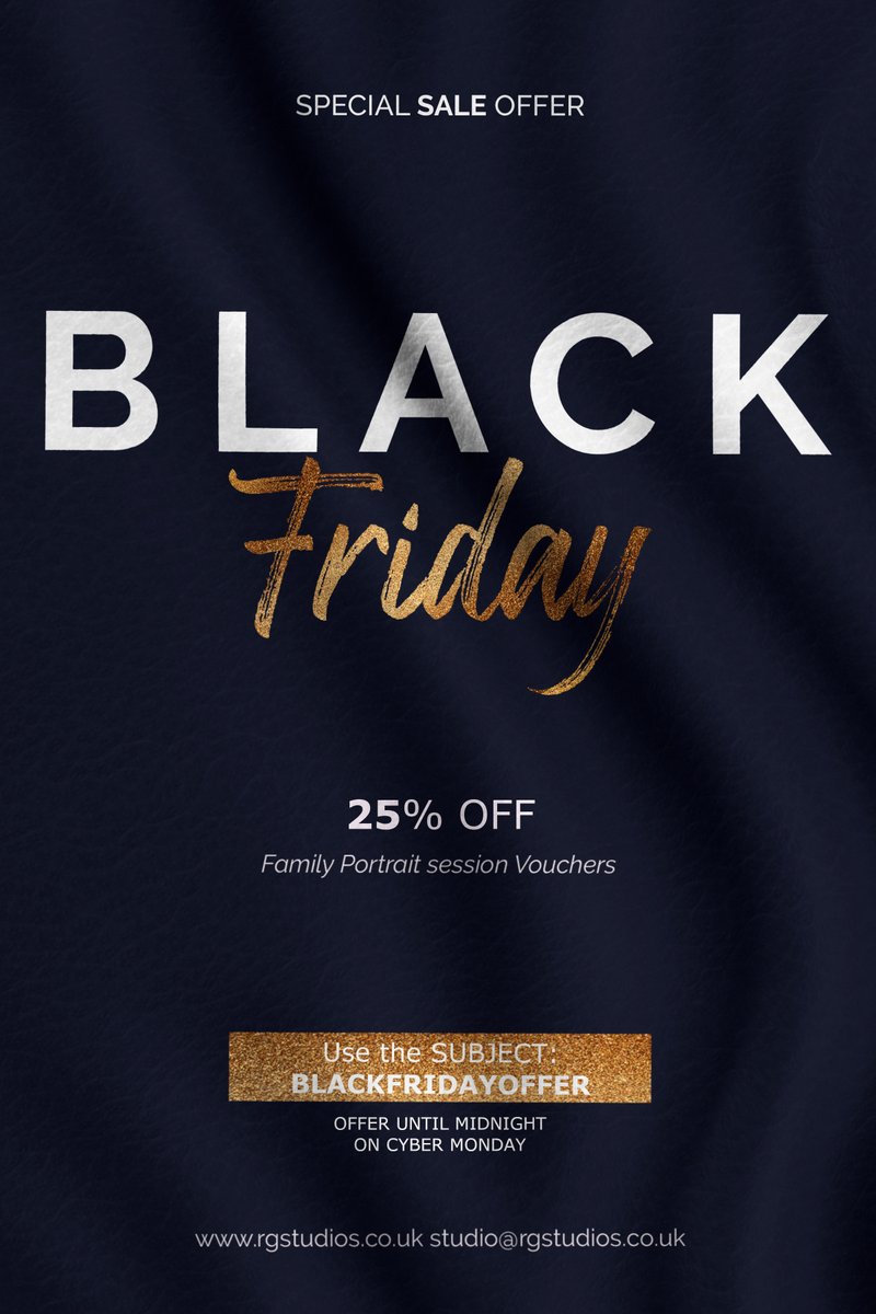 IT'S BLACK FRIDAY! 
🤩
That means our offer is only available for three more days! Take advantage of 25% OFF ANY VOUCHER whilst you can! 
Pop us an email to studio@rgstudios.co.uk with the subject BLACKFRIDAYOFFER to claim!