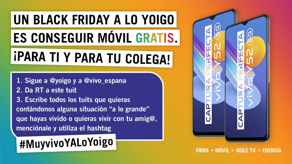 yoigo's tweet photo. 🎉 📱 #CONCURSO 📱 🎉

Queremos vivir el #BlackFriday muy a lo Yoigo y sobre todo contigo. ¡Ahora puedes ganar un vivo Y52 5G y tu amig@ otro!
Llenad toooooooodo Twitter con el HT #MuyvivoYALoYoigo y estarás un pasito más cerca de ganar.

🙌 ¡A POR ESEEEE PREMIAZO! 🙌 https://t.co/jTBLhJXmkl