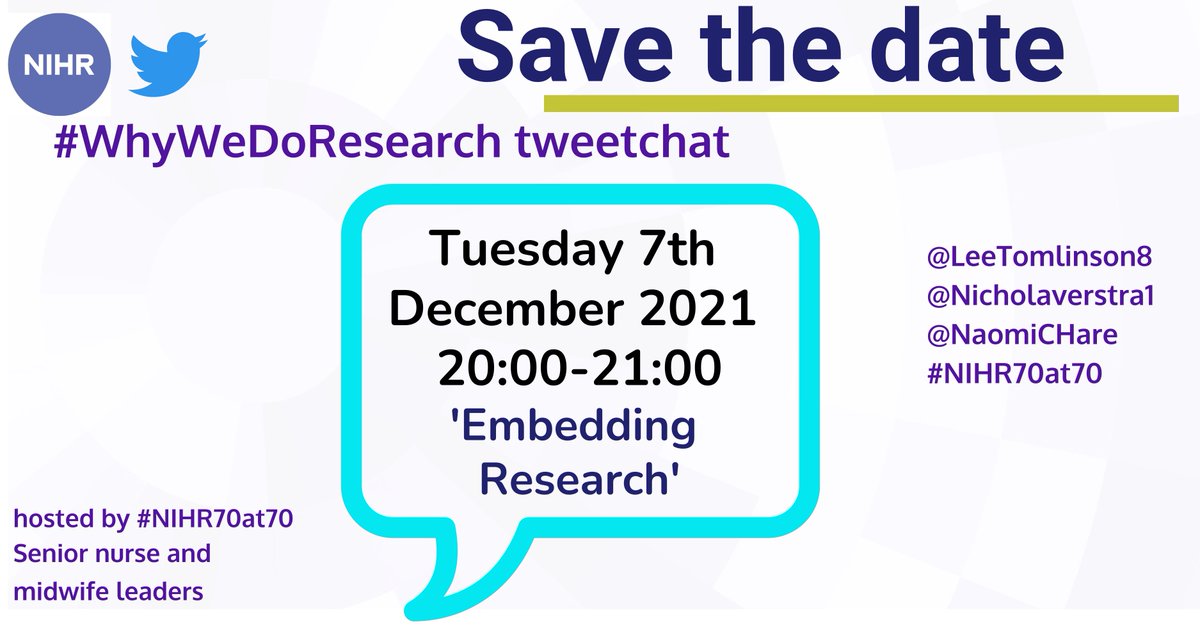 NaomiCHare's tweet photo. Coming up! Tuesday 7th December 2021 20:00-21:00. Next #whywedoresearch tweetchat, hosted by #NIHR70at70 leaders @LeeTomlinson8 @nicholaverstra1 @NaomiCHare around 'Embedding Research'. All welcome https://t.co/zspyUaPmDm