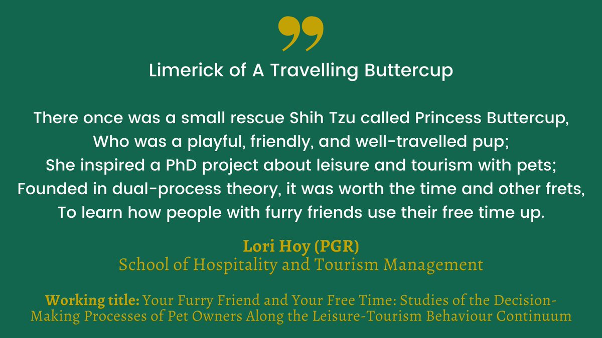 Our next entry into the #AcWriMo 'Project as a Poem Competition' is a limerick from Lori Hoy, PGR @SHTMatSurrey 🐶🧳🌍