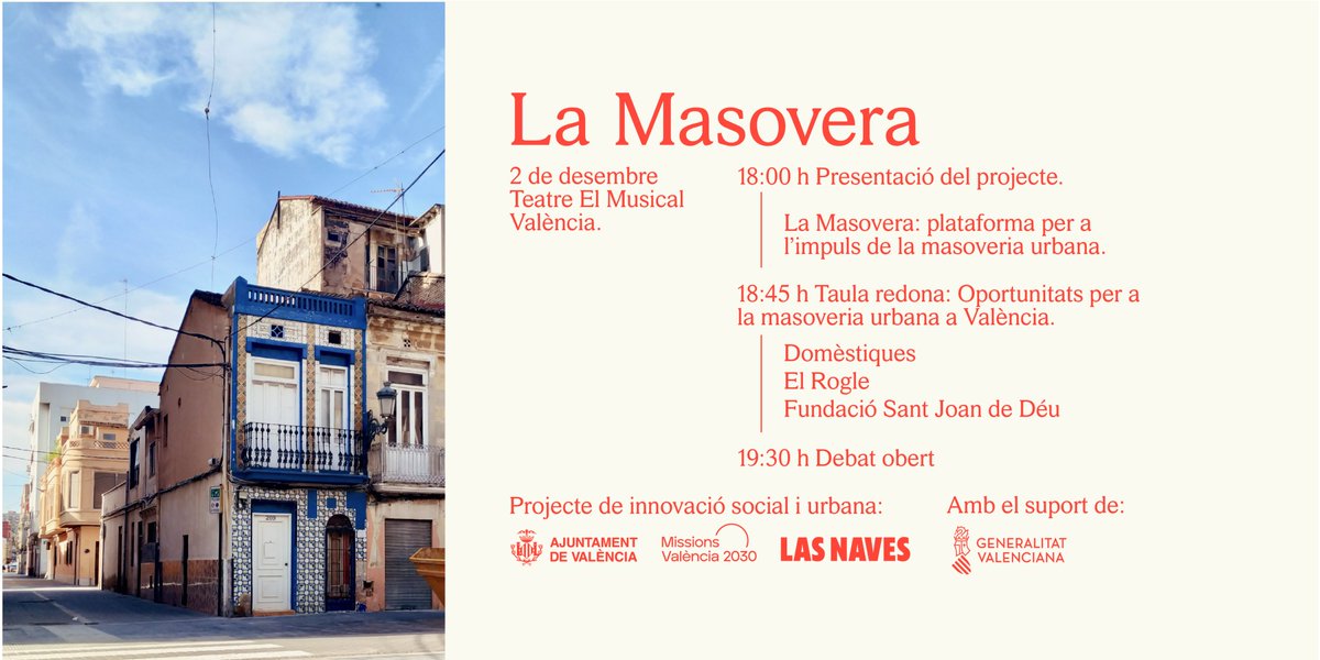 lamasoveraorg's tweet photo. 📆 Dijous 2.12 us esperem a les 18h al @TeatreElMusical a la presentació “La Masovera: plataforma per a l’impuls de la masoveria urbana”. 

👭Farem taula redona i podrem compartir les oportunitats de la #masoveriaurbana a #Valencia.

✍️Inscripció gratuïta: https://t.co/kT8bLiScLN https://t.co/W4CHv4SMLb