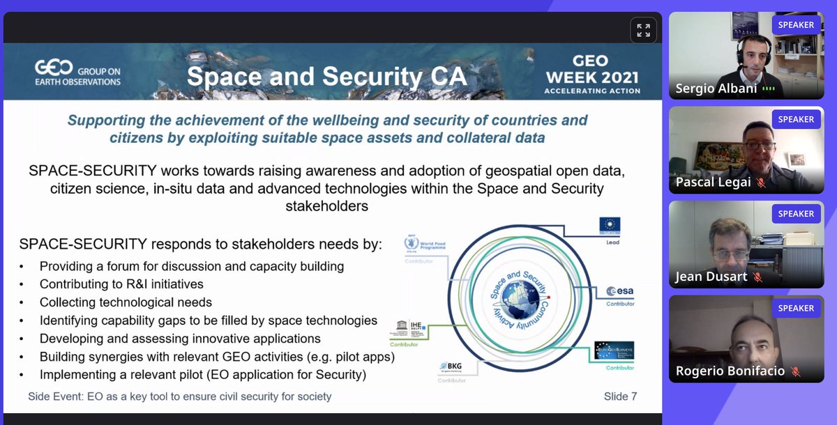 la_Venturini's tweet photo. "Space and Security" is the only activity in the GEO Work Programme dealing with space and security working to raise the attention on this concept in GEO, in collaboration with @eusatcen @ESA_EO @WFP and other partners #GEOWeek2021 https://t.co/ELChftb6Ap