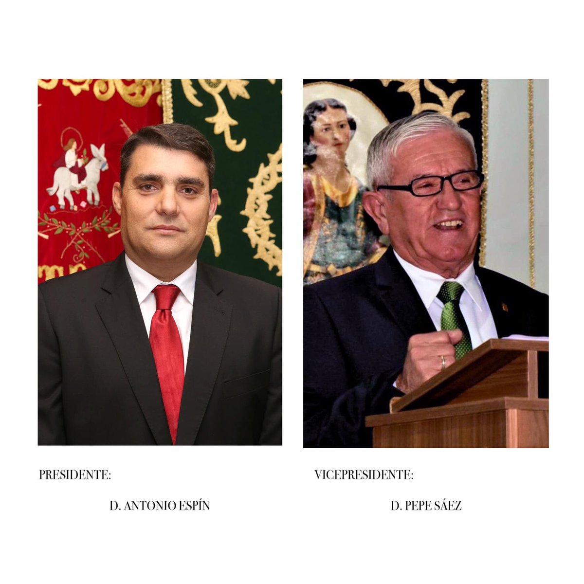 SSCehegin's tweet photo. En la noche del 25 de noviembre, la Semana Santa de Cehegín, realizó las elecciones para los cargos de presidente y vicepresidente, quedado de la siguiente forma:

- Presidente: D. Antonio Espín.
- Vicepresidente: D. Pepe Sáez.

#cehegin #murcia #SemanaSanta https://t.co/WMdjyKWAeK