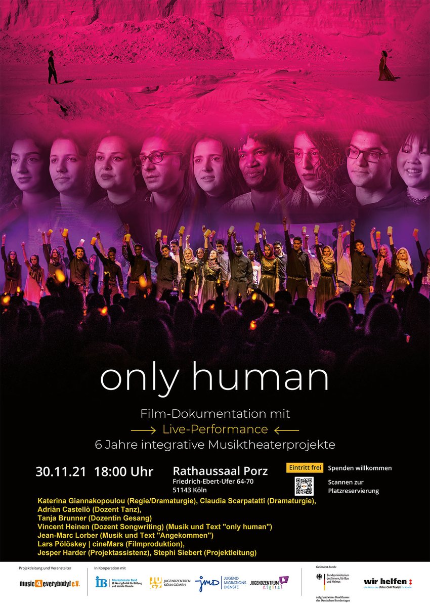 m4e_eV's tweet photo. Am 30. November um 18:00 Uhr findet im Rathaussaal Porz die Aufführung unseres Medienprojekts „Only human“ statt. Eintritt frei!
Reservierung: https://t.co/y4xAvAIImB
Infos: https://t.co/kwDL1uBPJ6
Gefördert durch &amp; in Kooperation mit:
@BAMF_Dialog @JugendzentrumD @JMD_Portal https://t.co/9JGuHFjkKS