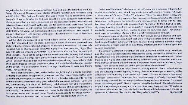 prplrn's tweet photo. A short excerpt from CL's interview in Marvin  magazine Issue 4 from Antenne Books 🥺

On Lover Like Me: "she introduces herself with her real name, Chaelin, as opposed to her stage name, CL. She wants the audience to meet the woman behind the pop culture character."

#CL #씨엘 https://t.co/nTvhibOJkS