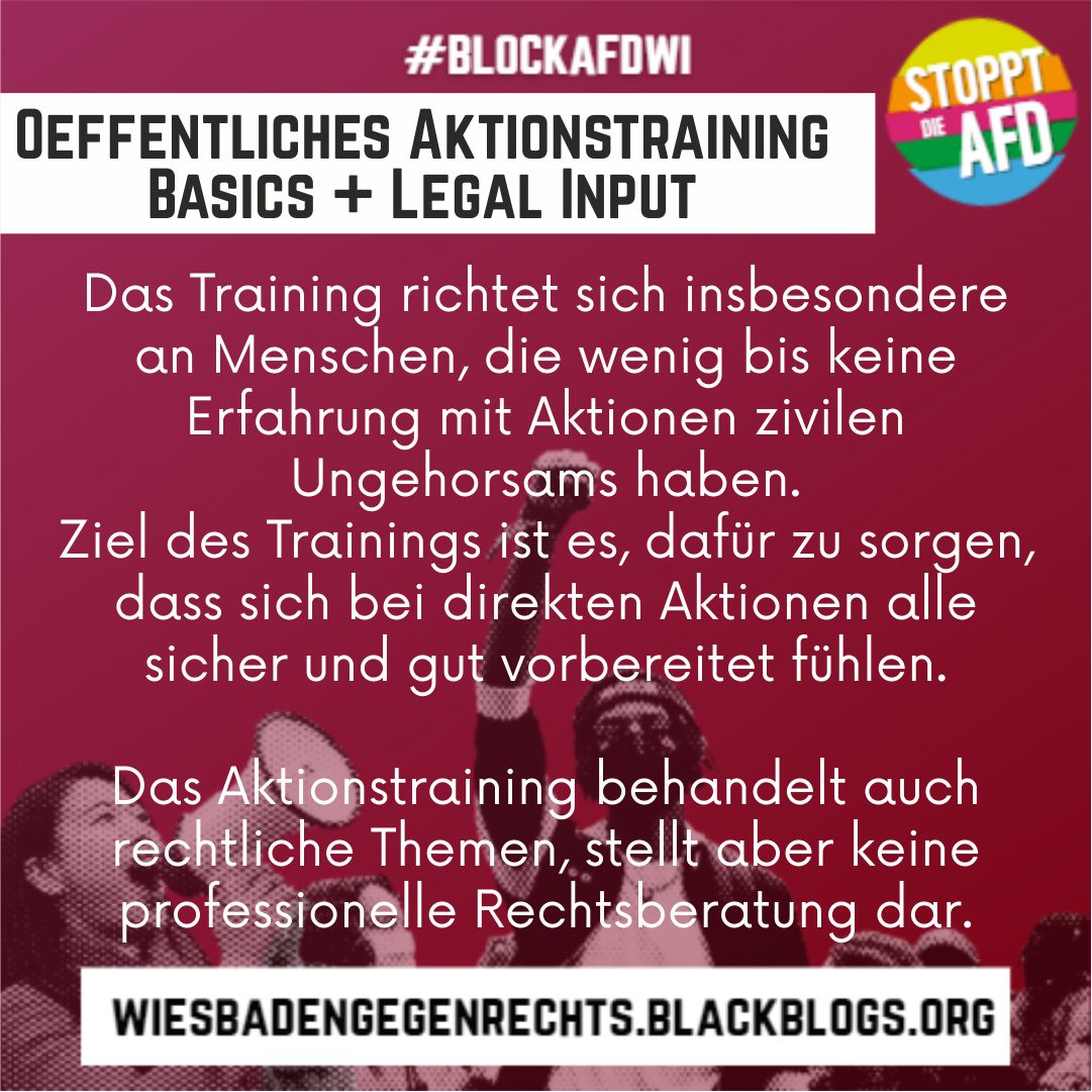 bgrwiesbaden's tweet photo. Am Sonntag, 28.11. findet unser öffentliches Aktionstraining zu #blockafdwi statt. Wenn ihr Fragen im Umgang mit Aktionen zivilen Ungehorsams auf Demos habt, kommt vorbei und informiert euch. 14:00h, Am Schlosspark 85, #Wiesbaden. Bringt wetterfeste Kleidung und Maske mit. 3G! https://t.co/QT71BWkVaM
