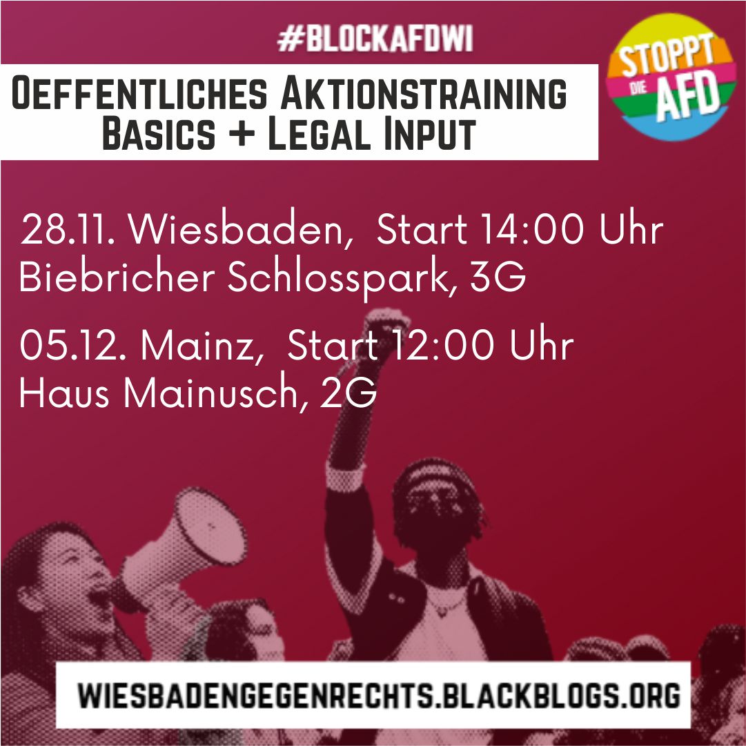 bgrwiesbaden's tweet photo. Am Sonntag, 28.11. findet unser öffentliches Aktionstraining zu #blockafdwi statt. Wenn ihr Fragen im Umgang mit Aktionen zivilen Ungehorsams auf Demos habt, kommt vorbei und informiert euch. 14:00h, Am Schlosspark 85, #Wiesbaden. Bringt wetterfeste Kleidung und Maske mit. 3G! https://t.co/QT71BWkVaM