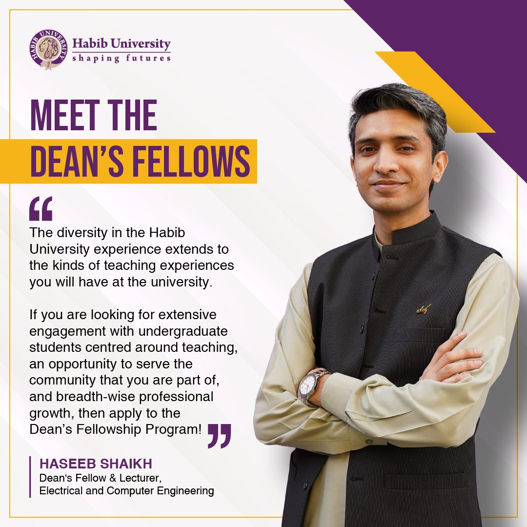 HabibUniversity's tweet photo. Haseeb Shaikh has joined us as Dean's Fellow. He is a Fulbright Scholar who completed his MS in Materials Engineering at Georgia Institute of Technology in the USA.
#HabibUniversity #ShapingFutures #DeansFellows #DeansFellowshipProgram #Research #Teaching #Academia #Engineering https://t.co/vFUuK6fy0D