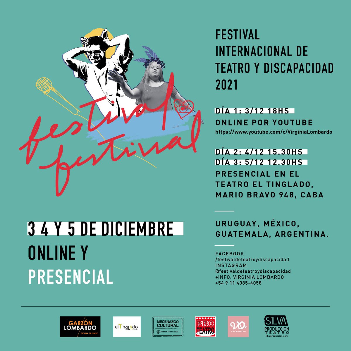 Nuevo FESTIVAL FESTIVAL / Festival de teatro y discapacidad 2021 / Online 3 Dic / Presencial 4 y 5 Dic Teatro <a href="/el_Tinglado/">Teatro El Tinglado</a> Buenos Aires /Dirige Virginia Lombardo <a href="/VirLombardo/">Virginia Lombardo</a> / Prensa <a href="/varasotero/">Varas Otero PR</a>