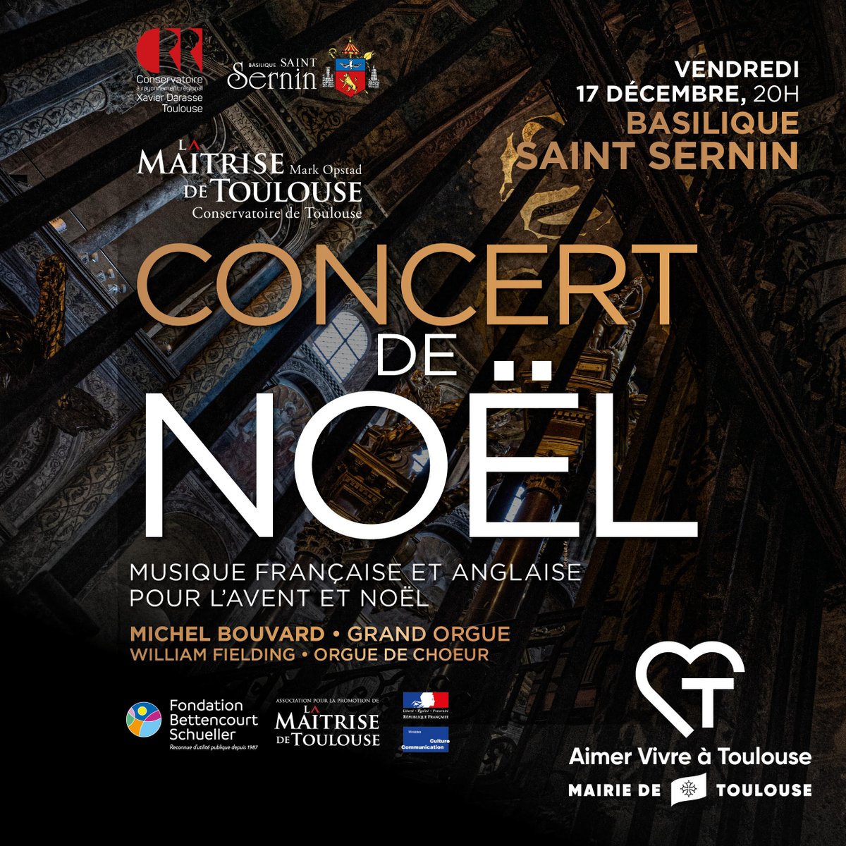 Le 17 décembre : Notre concert de Noël traditionnel à la basilique Saint Sernin avec Michel Bouvard au Grand Orgue 
Entrée libre dans la limite des places disponibles.
<a href="/Toulouse/">Toulouse - Mairie et Métropole</a>