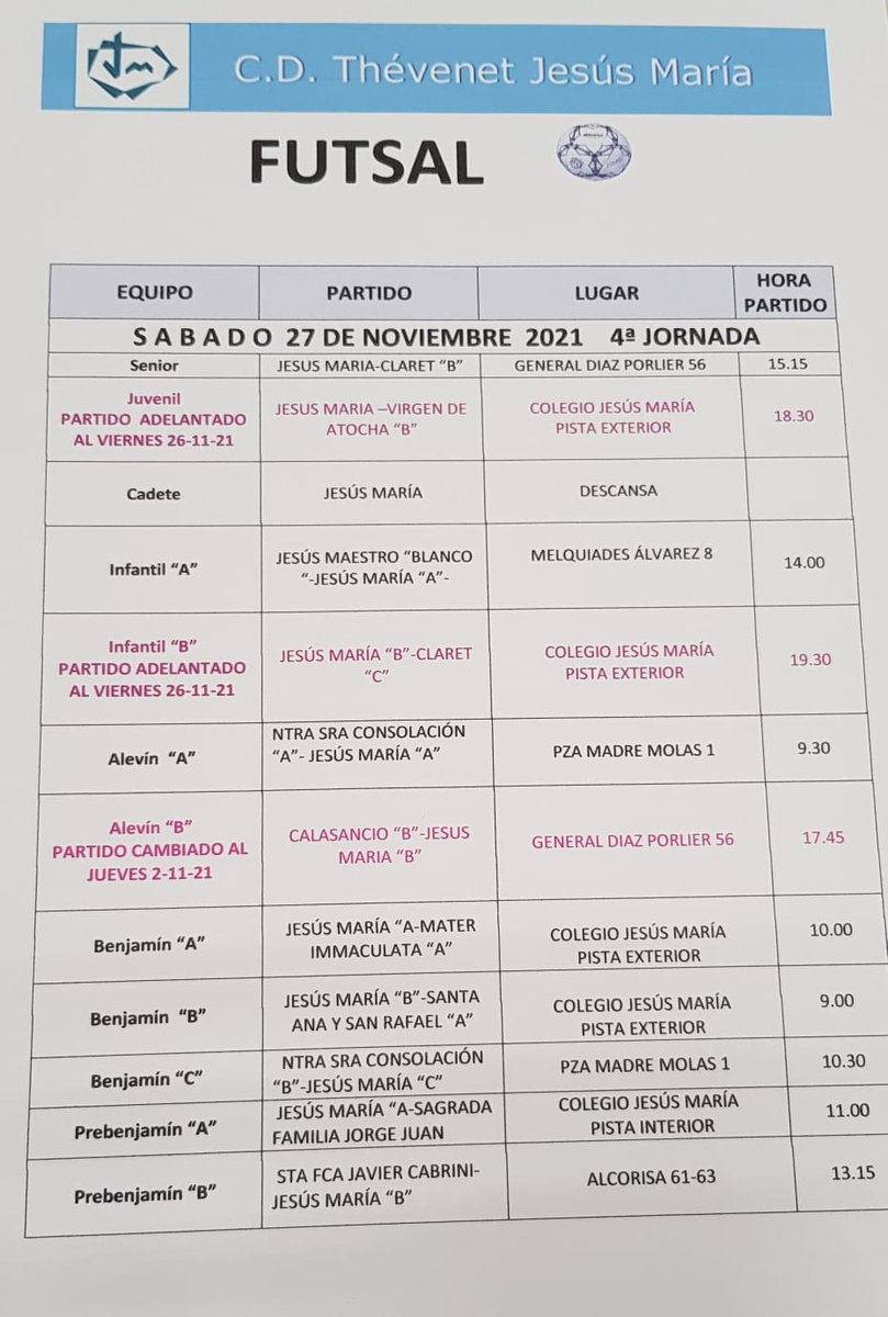 Este fin de semana (27-28 Noviembre) vuelve el FUTSAL y el BALONCESTO <a href="/cdjesusmaria/">C.D. Jesús María</a> a <a href="/DeportesECM/">DeportesECM</a> y <a href="/FBMadrid/">Fed. Bcto. de Madrid</a>. Se espera frío❄️, pero con ropa de abrigo y mucha ilusión no hay quien nos pare... No faltes!! A disfrutar!!🏀⚽