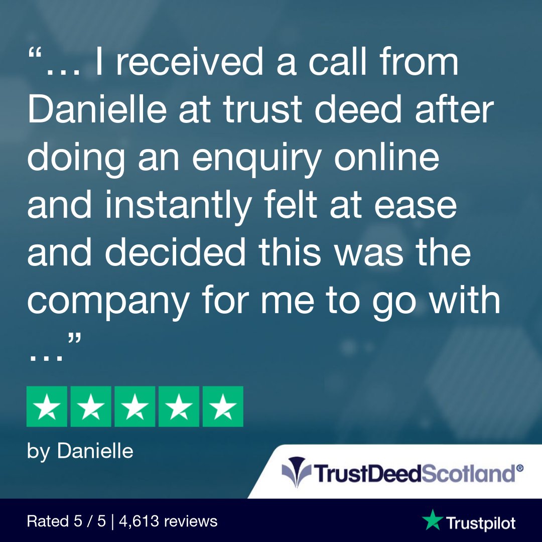 TrustDeedScotl's tweet photo. 🆕Trust Deed Scotland® @Trustpilot review.
★★★★★ by Danielle.
Get started:
➡️ https://t.co/LqqLilHJJ3
Read more reviews:
➡️ https://t.co/ftpYfsjxOd
📞 0141 221 0999
#realmoneystories #debtfreestories #lifeafterdebt #debtsolutions #scotland #helpwithdebt #debthelp
