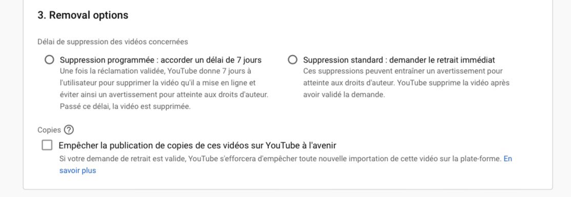 1er effet de la Directive droit d’auteur  de 2019, YouTube ajoute enfin dans sa Notification pour atteinte au Droit d’auteur une option empêcher toute remise en ligne d’une vidéo, le « Stay down » (retrait durable) présenté jusqu’ici comme impraticable