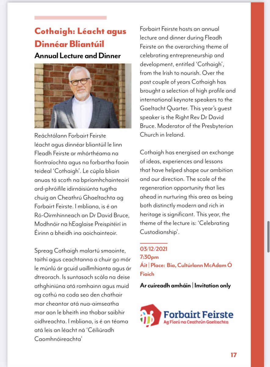 Tá muid ar bís bheith páirteach i bhFleadh Feirste arís. Beidh an Dr David Bruce mar Aoíchainteoir ag Cothaigh againn. We are delighted that The Right Reverend, Dr David Bruce, Moderator off the Presbyterian Church in Ireland will be our Keynote speaker at Cothaigh this year.