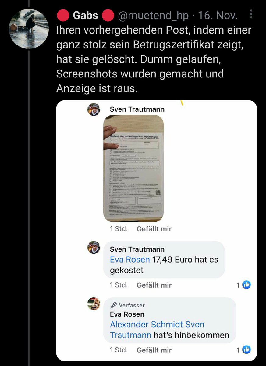 NimaTikken's tweet photo. Vor kurzem hat er noch freudig bei Eva #Rosen sein bei Parteikollegen Markus #Böning|s #NachweisExpress/#Testexpress erworbenes Betrugszertifikat gezeigt. Das blieb nicht unbemerkt und wurde zur Anzeige gebracht.
Auch der Kommentar von gestern Abend wurde Hassmelden platziert. https://t.co/M84sJDBGhq