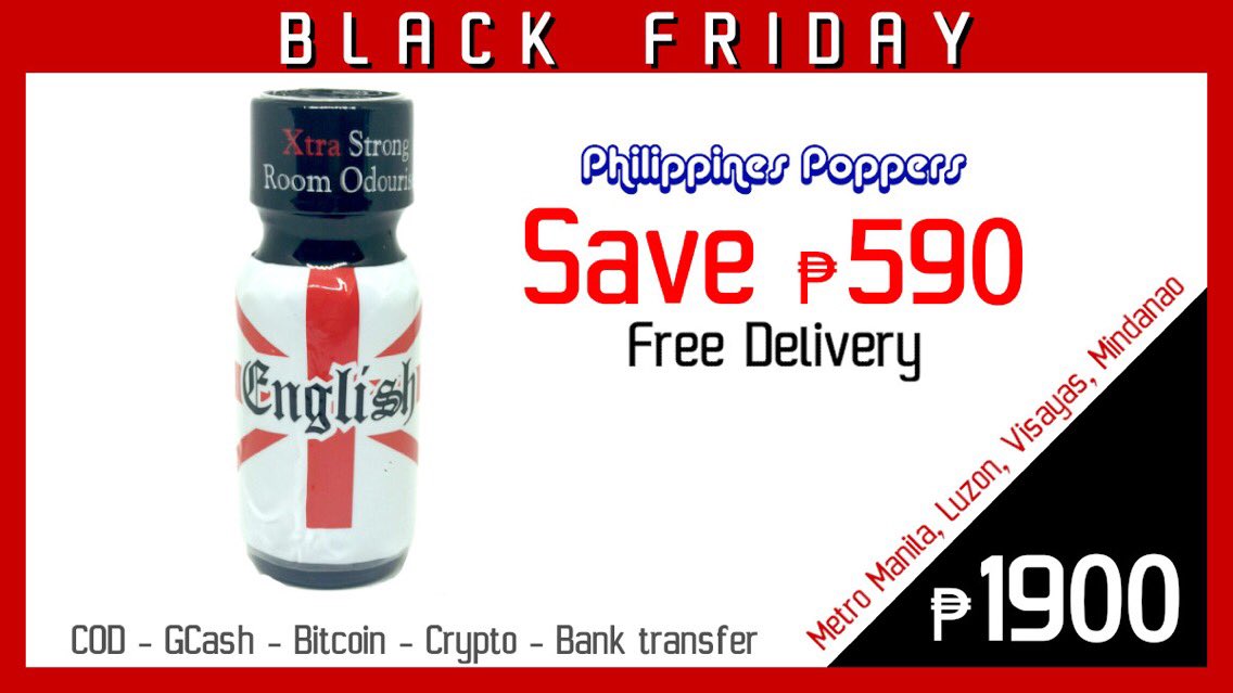 PhilippinesPop1's tweet photo. BLACK FRIDAY: English 25ml for 1900php. Order here: https://t.co/C1ioQGGb3s

Save 590php on English 25ml poppers today. Free delivery + free gifts! Order today at the link above. Pay by GCash, COD, Bank Transfer, or Crypto. https://t.co/n8baNIYJOS