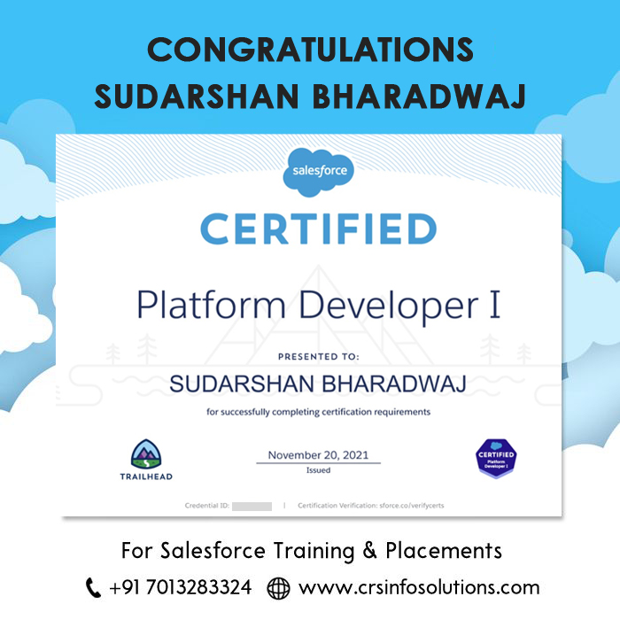 Hearty Congratulations to our student Sudarshan Baradwaj. All the very best to future endeavours. For Salesforce training and certification preparation, please enroll in our free demo class.

Phone: +91-9347854179
Website: crsinfosolutions.com
#salesforcecertified
