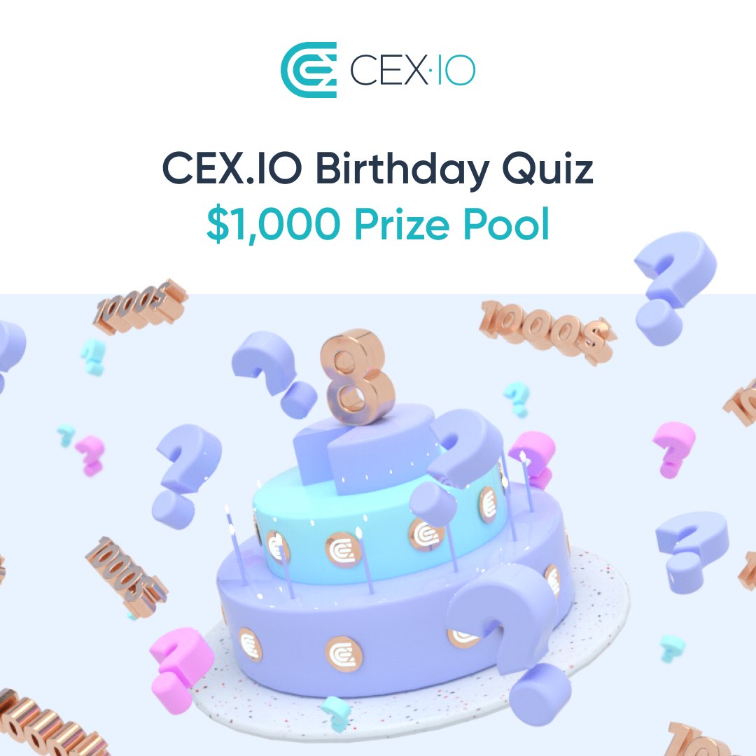 cex_io's tweet photo. 🥳 We’re launching the CEX·IO 8th Birthday Quiz with a $1,000 prize pool.

Answer questions about CEX·IO &amp; win up to $20 --> https://t.co/wPRbV9e5y8

More details on our blog --> https://t.co/lTkrl5Yno1

Win $50 extra! 3 random users who retweet this will get an additional prize https://t.co/S90lbheVwS