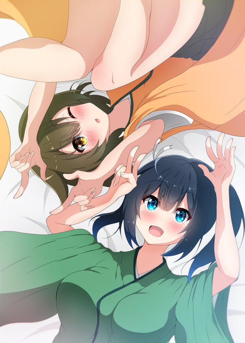 hiryuu (kancolle) ,souryuu (kancolle) multiple girls 2girls japanese clothes twintails one eye closed brown hair blue hair  illustration images