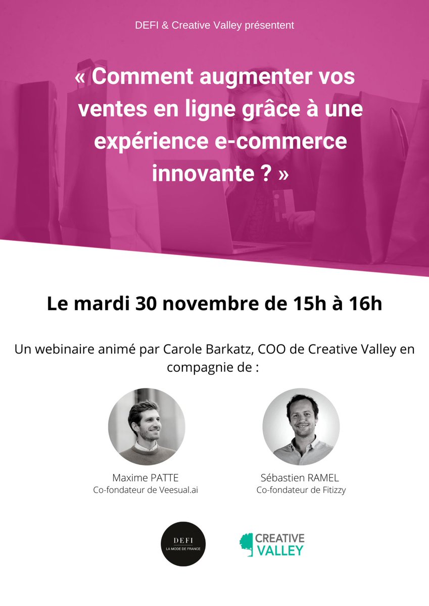 #DIGITAL@MODE
Derniers jours pour s'inscrire à notre webinaire du 30 novembre avec <a href="/VeesualAI/">Veesual</a> et <a href="/FitizzyFrance/">Fitizzy France</a>, inscriptions ici : buff.ly/3ladQQU
cc : <a href="/creative_valley/">Creative Valley</a> <a href="/Thibault_Mer/">Thibault Mercier</a>