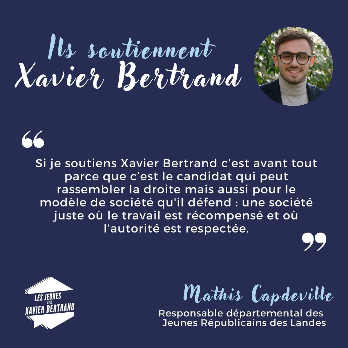 JeunesAvecXB's tweet photo. Ils sont RDJ #LR et soutiennent @xavierbertrand 🤝

Pour une société juste où le travail est récompensé, @mathiscade votera Xavier Bertrand au #CongresLR. 🗳️ https://t.co/ipYMSFSolu