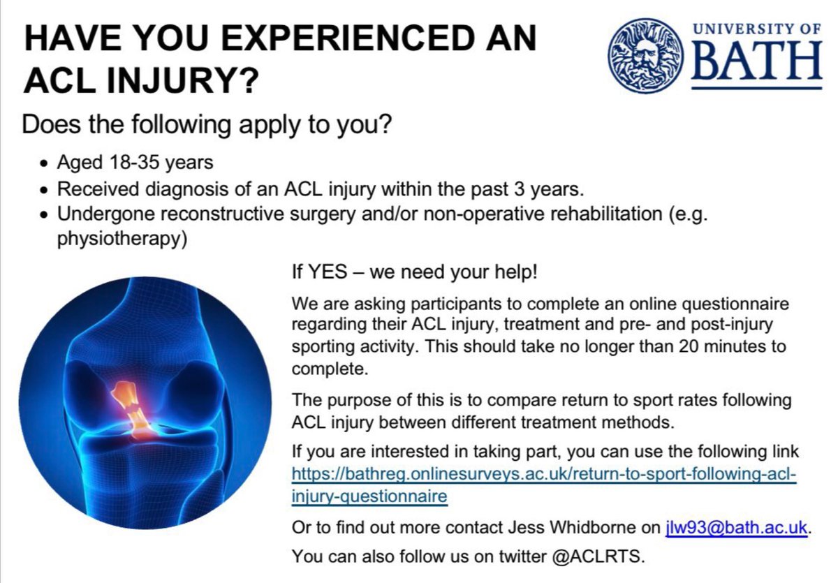 aclrts's tweet photo. Are you aged 18 to 35 and have you experienced an ACL injury in the past three years? We need you to complete a short survey to help us understand return to sport following ACL injury. If you are interested follow this link https://t.co/Ape7eSI7Pl @Dr_CMcKay @Health_at_Bath https://t.co/YZ7OIxdDjh