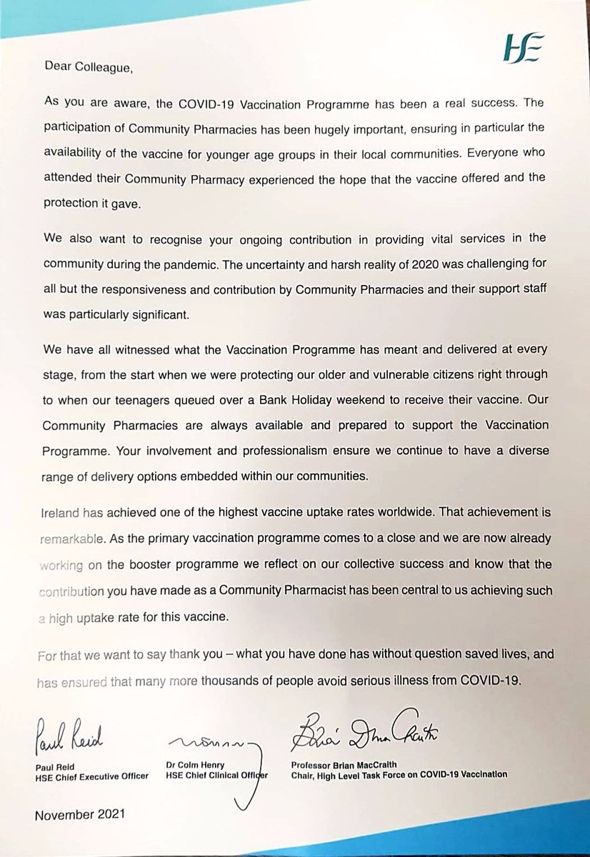 Darragh_OL's tweet image. Nice letter of appreciation from @HSELive @paulreiddublin @CcoHse @muirtheimhne to pharmacies delivering #COVID19Vaccination. Pharmacy teams worn down by the pandemic are digging deep again now for roll-out of #BoosterShots
#ForUsAll #ThinkPharmacy