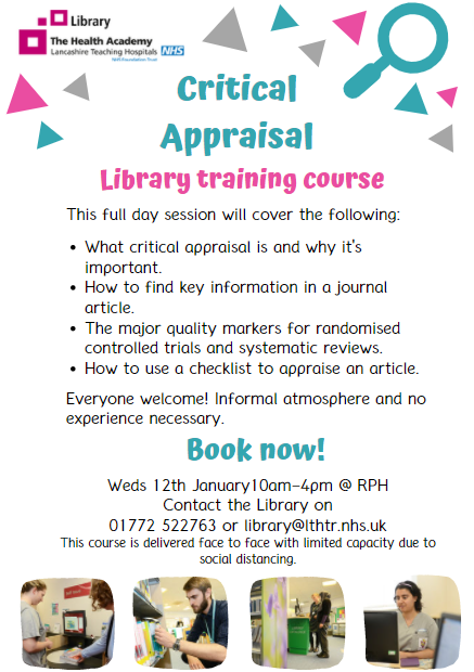 LancsHospLib's tweet photo. Learn how to understand and evaluate healthcare research with our Critical Appraisal training course in January. To book a place email Library@lthtr.nhs.uk. Please share with your colleagues! #LTHTrFindingEvidence 🔍 https://t.co/pVxn7nygzb