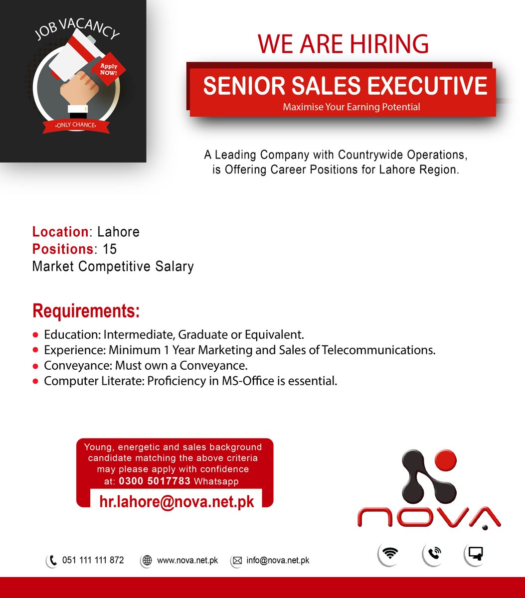 NovacomPK's tweet photo. We are hiring a talented professional SENIOR SALES EXECUTIVE to join our team. If you're excited to be part of a winning team, Nova Communications is a great place to grow your career.
#novacommunications #jobs #salesmanager #salesadmin #jobsinlahore https://t.co/oWUBYuvG7a